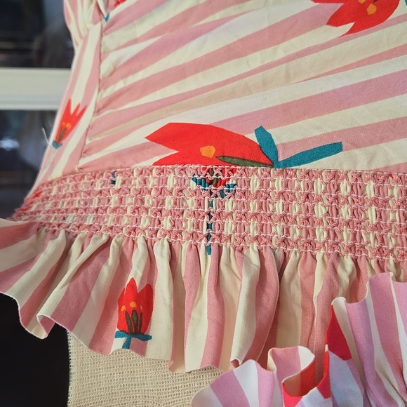 Karlie Poppy Stripe Puff Sleeve Ruffle Button Up Top Pink White Red M EUC - Picture 8 of 11